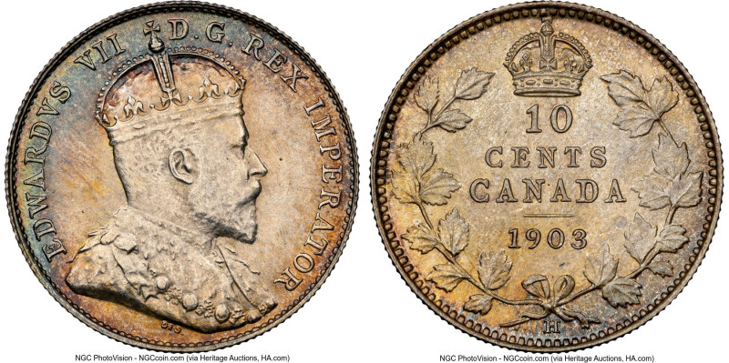 Edward VII 10 Cents 1903-H MS63 NGC, Heaton mint, KM10. Mottled teal, lemon, and...