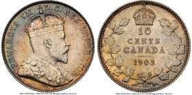 Edward VII 10 Cents 1903-H MS63 NGC, Heaton mint, KM10. Mottled teal, lemon, and amber patination enhance the allure of this Choice specimen, which si...