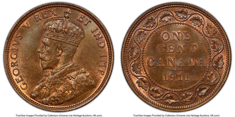 George V Cent 1911 MS65 Red and Brown PCGS, Ottawa mint, KM15. A profusely lustr...