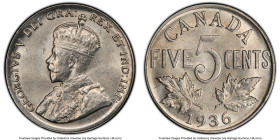 George V "Near S" 5 Cents 1936 MS64 PCGS, Ottawa mint, KM29. Near S variety. An attractive piece with satiny appearance gracing the steel hued surface...