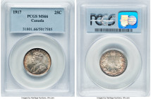 George V 25 Cents 1917 MS66 PCGS, Ottawa mint, KM24. Heavenly satiny and argent fields adorned with scintillating luster. The reverse particularly att...
