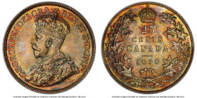 George V 25 Cents 1930 MS65 PCGS, Ottawa mint, KM24a. An appreciable Gem possessing sharp details, presented on a mellowed taupe canvas punctuated wit...