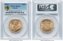 George V gold 10 Dollars 1914 MS64 PCGS, Ottawa mint, KM27. An eye-catching luster greets the viewer on this wholesome representative, the reverse fie...