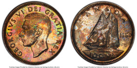 George VI 10 Cents 1950 MS65 PCGS, Royal Canadian mint, KM43. A polychromatic kaleidoscope of emerald and magenta on the obverse in stark contrast wit...