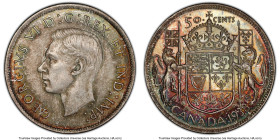 George VI 50 Cents 1938 MS64 PCGS, Royal Canadian mint, KM36. Somewhat mottled in appearance on the obverse, the reverse quite inviting with audacious...