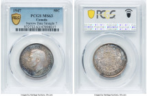 George VI "Straight 7" 50 Cents 1947 MS63 PCGS, Royal Canadian mint, KM36. Straight (curved left) 7 and narrow date variety. Carrying soft peach hues ...