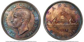 George VI "Doubled HP" Dollar 1938 MS65 PCGS, Royal Canadian mint, KM37. Doubled HP variety. A superior Gem with luminescent azure peripheries that pr...