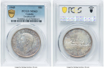 George VI "Doubled HP" Dollar 1945 MS63 PCGS, Royal Canadian mint, KM37. Doubled HP variety. Showcasing localized tangerine tones and underlying brill...