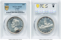 George VI Prooflike "No Water Lines" Dollar 1952 MS65 PCGS, Royal Canadian mint, KM46. Variety without water lines. Featuring a patch of dramatic coba...