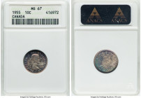 Elizabeth II 10 Cents 1955 MS67 ANACS, Royal Canadian mint, KM51. An enthralling Jewel with fearless teal and magenta toning, admitting a fingerprint ...