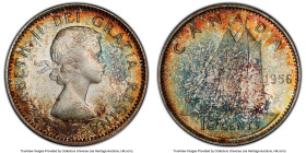 Elizabeth II 10 Cents 1956 MS66 PCGS, Royal Canadian mint, KM51. A pleasing Gem with somewhat marbled toning in teal and autumnal hues, the Queen's po...