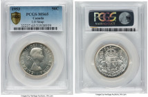 Elizabeth II "LD Strap" 50 Cents 1953 MS65 PCGS, Royal Canadian mint, KM53. Variety with large date and shoulder strap. A PCGS "Top Pop" variety examp...