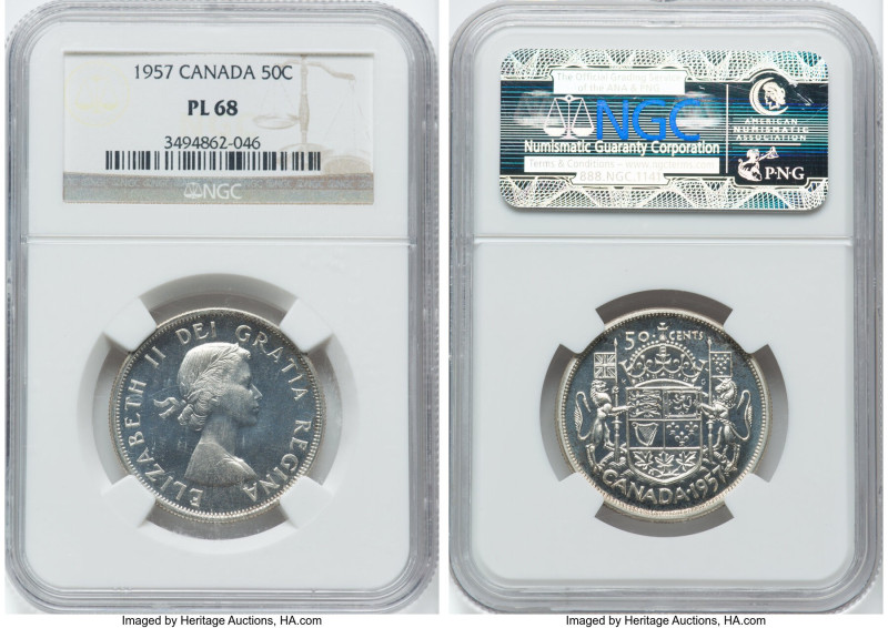 Elizabeth II Prooflike 50 Cents 1957 PL68 NGC, Royal Canadian mint, KM53. A mesm...