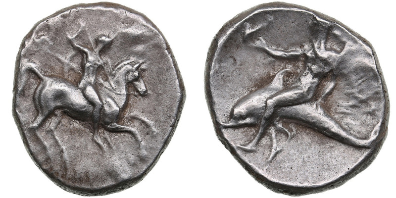 Calabria, Taras AR Didrachm c. 281-240 BC
7.23g. 21mm. AU/AU. Gorgeous specimen....