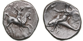 Calabria, Taras AR Didrachm c. 281-240 BC
7.23g. 21mm. AU/AU. Gorgeous specimen. Obv. Horseman w/javelin. / Rev. Taras (?) on dolphin. HGC 1, 883 var....