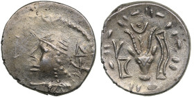 Arabia, Himyarites Uncertain mint AR Drachm circa 1st century AD
2.44g. 17mm. AU/AU. Mint luster. Obv. Diademed head left, at sides, monograms. / Rev....