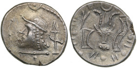 Arabia, Himyarites Uncertain mint AR Drachm circa 1st century AD
2.45g. 17mm. AU/AU. Mint luster. Obv. Diademed head left, at sides, monograms. / Rev....