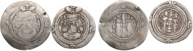 AR Drachm (2) l - Arab-Sasanian. al-Hajjaj b. Yusuf, mint signature ST (Istakhr), 80 (?) AH. r - Sasanian Kingdom, Khusrau II (AD 591-628). Clipped. M...