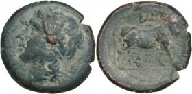Greek AE 6.38g. 21mm.
VG/VG. Athena? head left. / Cow standing right.