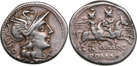 Roman Republic AR Denarius - Quintus Marcius Libo (148 BC)
3.95g. 20mm. VF/VF. Crawforf 215/I, Sear 90. Obv. Head of Roma right, wearing winged helmet...