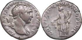 Roman Empire AR Denarius 108 AD - Trajan (AD 98-117)
2.97g. 18mm. VF/F. RIC 118, RSC 86. Obv. Laureate head right, drapery on left shoulder. IMP TRAIA...