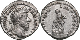 Roman Empire AR Denarius (AD 164-165) - Marcus Aurelius (AD 161-180)
3.13g. 17mm. VF+/VF-. RIC 125, RSC 474. Obv. Laureate head right. ANTONINVS AVG A...