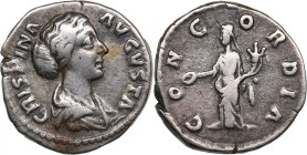 Roman Empire AR Denarius - Crispina (AD 180-182)
3.30g. 18mm. VF/F. RIC 278(Commodus), BMC 36. Obv. Draped bust right. CRISPINA AVGVSTA. Rev. Concordi...