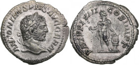 Roman Empire AR Denarius 215 AD - Caracalla (AD 215-217)
3.12g. 20mm. XF/XF. RIC 254, BMC 107. Obv. Laureate head right. ANTONINVS PIVS AVG GERM. Rev....