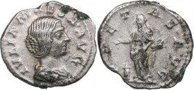 Roman Empire AR Denarius - Julia Maesa (AD 218-219)
2.97g. 18mm. VF/VF. RIC 263(Elagabalus). Obv. Draped bust right, hair waved and turned up low at t...