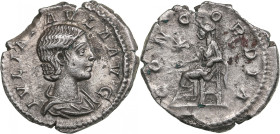 Roman Empire AR Denarius - Julia Paula (AD 219-220)
2.57g. 20mm. VF-/VF-. RIC 211(Elagabalus). Obv. Draped bust right. IVLIA PAVLA AVG. Rev. Concordia...