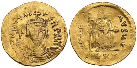 Byzantine Empire, Constantinople AV Solidus - Phocas (AD 602-610)
3.71g. 21mm. VF/VF. Mint luster. Obv. Crowned and draped bust facing, holding globus...