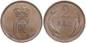 Denmark 2 Øre 1897 - Christian IX (1863-1906)
3.93g. UNC/UNC. Gorgeous specimen with mint luster. Rare state of preservation. Sieg 1.2 - H 18B.