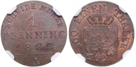 Germany, Prussia 1 Pfenning 1822 A - NGC MS 63 BN
TOP POP, only. The highest graded in NGC census.