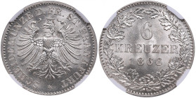 Germany, Frankfurt 6 Kreuzer 1866 - NGC MS 65
Splendid gem mint state specimen. Very beautiful coin.