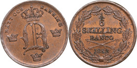 Sweden ⅙ Skilling Banco 1852 - Oscar I (1844-1859)
2.09g. UNC/UNC. Beautiful lustrous specimen with red mint. 