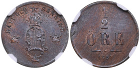 Sweden 1/2 Öre 1857 - Oscar I (1844-1859) - NGC MS 64 BN
Only 6 coins certified finer by NGC. Gorgeous specimen.