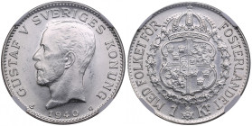 Sweden 1 Krona 1940 G - Gustaf V (1907-1950) - NGC UNC DETAILS
Rev. cleaned, but still very attractive coin with gorgeous luster.