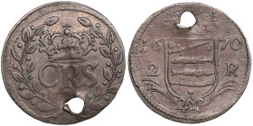 Narva, Sweden 2 Öre 1670 - Carl XI (1660-1697)
1.65g. XF/VF. With luster and beautiful colorful toning. Holed. Haljak 1401. Rare!