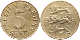 Estonia 5 Senti 1991
0.66g. AU/AU. Mint error - improper planchet thickness. Very strange uncommon coin. Rare! Sold as seen, no return.