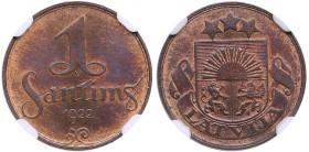 Latvia 1 Santims 1922 - NGC MS 64 BN
Only 3 specimens certified finer by NGC. Splendid lustrous specimen with beautiful brown color toning. KM 1.