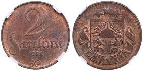 Latvia 2 Santimi 1922 - NGC MS 62 RB
Splendid lustrous specimen with beautiful red-brown color toning. KM 2.