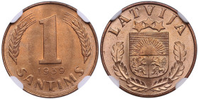 Latvia 1 Santims 1939 - NGC MS 64 RB
Splendid lustrous specimen with beautiful red-brown color toning. KM 10.