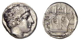 MACEDONIA - OLYNTHOS - LEGA CALCIDICA (circa 410-401 a.C.) TETRADRAMMA gr.13,8 - D/Testa laureata di Apollo a d. R/Arpa con intorno legende XAΛKIΔEΩN ...