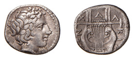 MACEDONIA - OLYNTHOS - LEGA CALCIDICA (circa 432-348 a.C.) TETROBOLO gr.2,3 - D/Testa laureata di Apollo a s. entro cerchio perlinato R/Lira con intor...