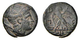 MACEDONIA - PELLA O AMPHIPOLIS - PERSEUS (179-168 a.C.) AE 18 - D/Testa elmata di Perseo a d. con arpa R/Aquila spiegata con B A = Π E - Ae - Sng Alph...