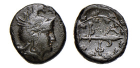 MACEDONIA - Zecca incerta - PHILIPPO V (220-180 a.C.) AE 17 - D/Testa elmata dell'eroe Perseo a d. R/Entro corona di quercia arpa con sopra B A e sott...