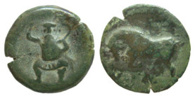 SPAGNA - EBUSUS (circa 200-100 a.C.) QUADRANTE gr. 3 - IBIZA -D/Bes di fronte con gonna, martello e serpente. R/Toro cozzante a s. -Ae - ABH-923 BB/qB...