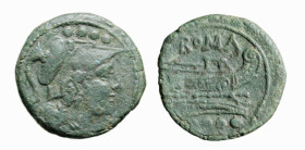 ROMA - ANONIME SESTANTALI (dopo il 211 a.C.) TRIENTE gr.5,7 - D/Testa elmata di Minerva a d. con sopra ●●●● R/Prora di nave a d. con sopra la scritta ...