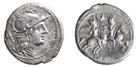 ROMA - ANONIME (circa 207 a.C.) DENARIO - D/Testa elmata di Roma a d. con dietro il simbolo del valore X R/Dioscuri al galoppo a d. con stella sulla t...