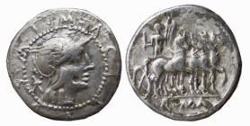 ACILIA (125 a.C.) M.Acilius M.f - DENARIO - D/Testa di Roma a d. ; dietro * R/Ercole su quadriga verso d. -Ar suberata (billon) - B. 4 - Syd.511 BB